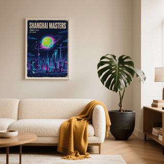 Glowing tennis ball and orbit rings wall art print above a futuristic Shanghai cityscape
