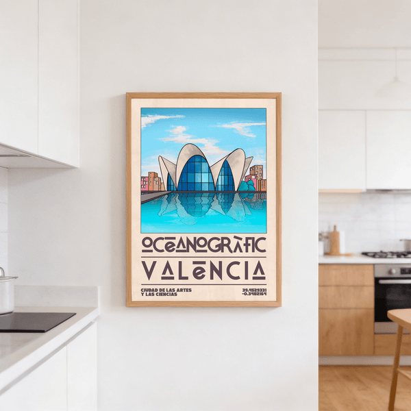 Travel graphic of Spanish aquarium featuring sweeping roof shells