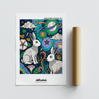 Close-up of Moon Garden Art Print showing rabbit face, dot pattern, and mosaic-style body details