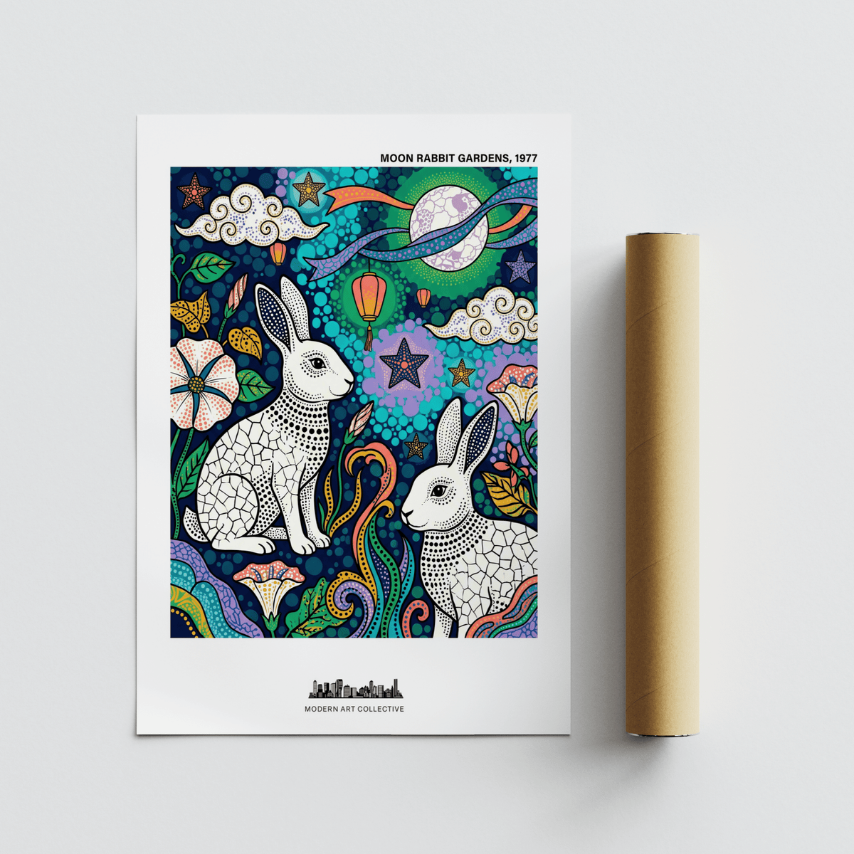 Close-up of Moon Garden Art Print showing rabbit face, dot pattern, and mosaic-style body details