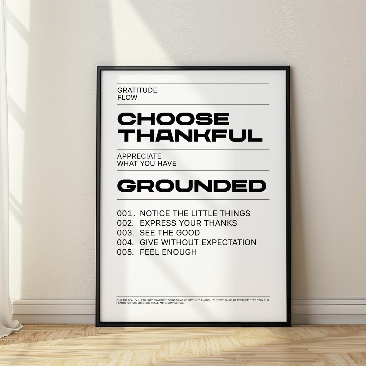 Gratitude Wall Art with bold black lettering on white background for modern interiors.