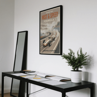 Vintage-style motorsport poster print with distressed border, halftone texture, and curved roadway