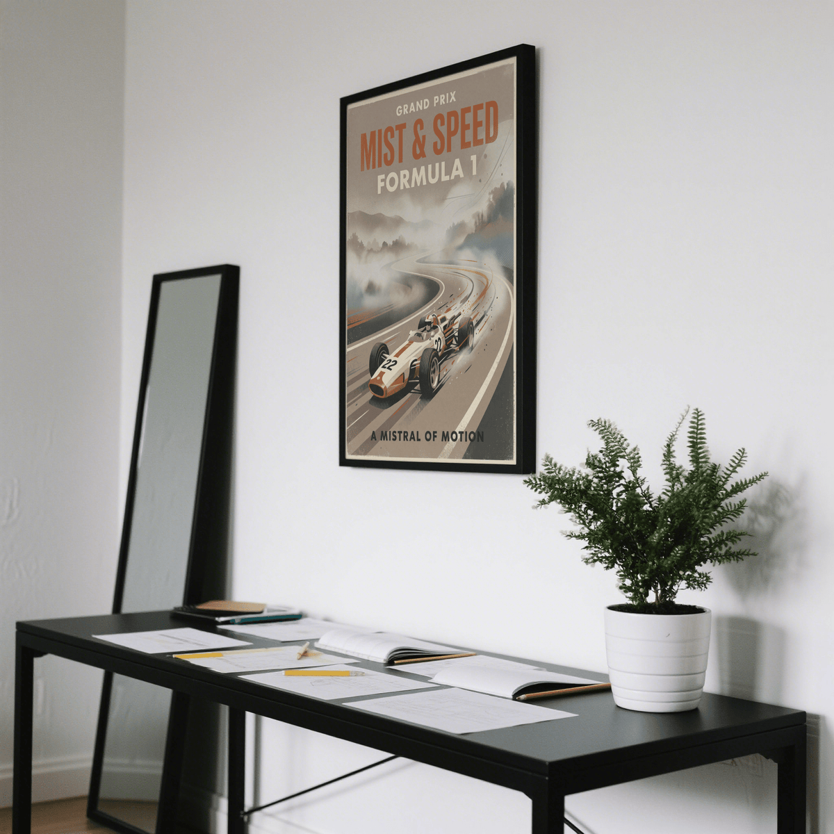 Vintage-style motorsport poster print with distressed border, halftone texture, and curved roadway
