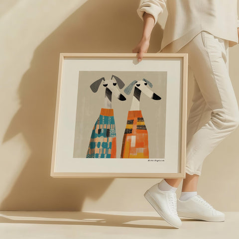 Quirky greyhound dog print in abstract style.