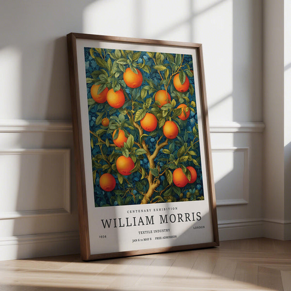 Orange Tree Wall Art with ripe citrus fruit and leafy green branches on blue background.