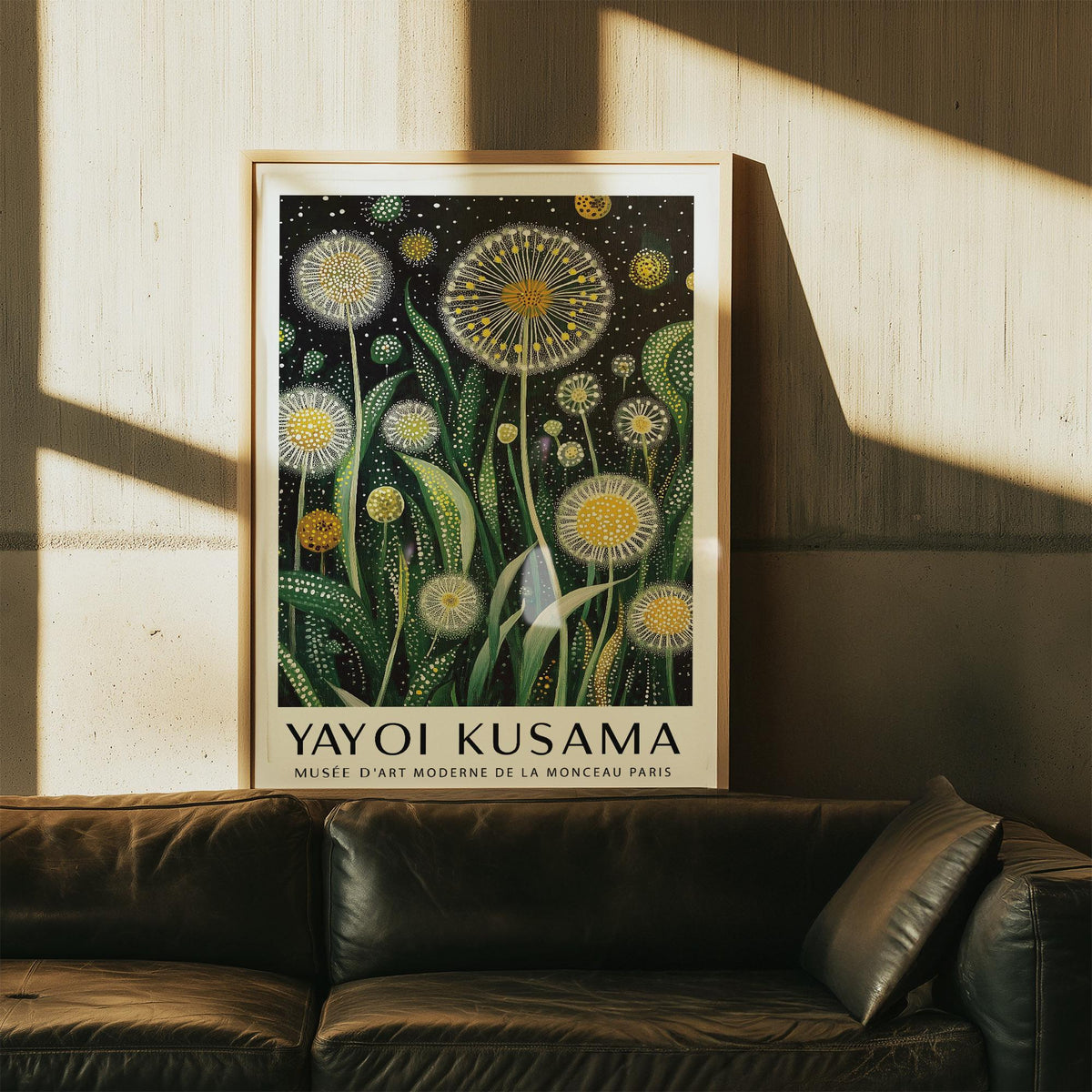 Green leaf patterns and yellow flowers in modern floral wall art style.
