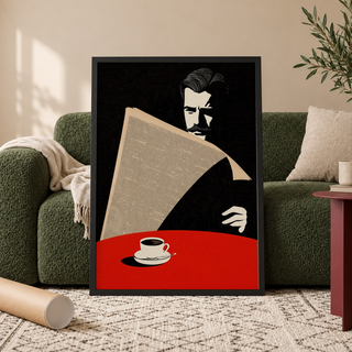 Side-cropped Man reading a newspaper poster print featuring bold shapes and strong negative space