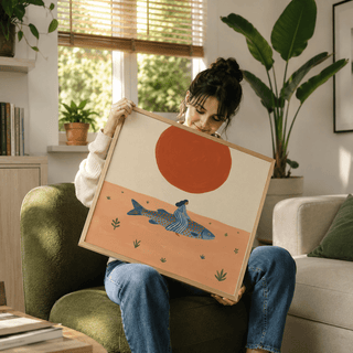 Contemporary illustration wall art of a rider perched on a giant fish, central motif composition