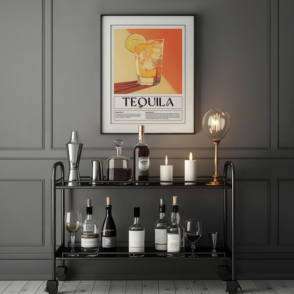 Tequila cocktail illustration with glowing light for home bar wall decor

