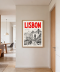 Close-up of black line architectural details on Lisbon city poster print