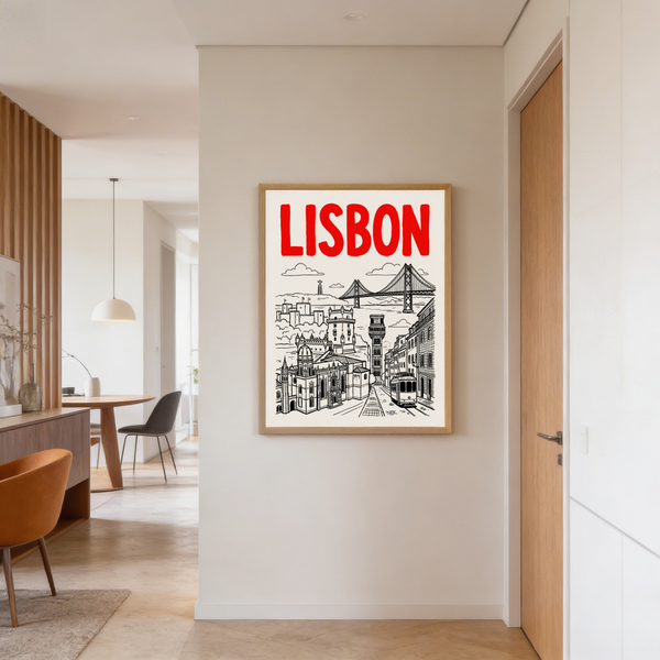 Close-up of black line architectural details on Lisbon city poster print