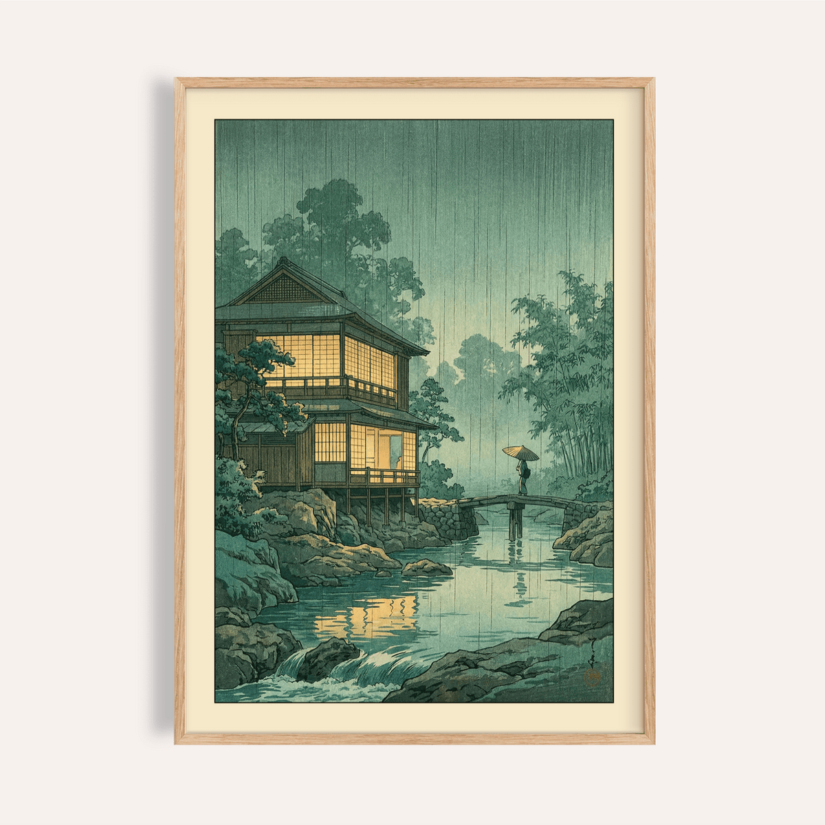 Rainy riverside Japanese Landscape Wall Art poster with house and bridge