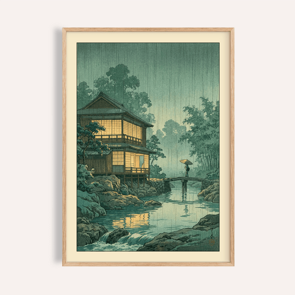 Rainy riverside Japanese Landscape Wall Art poster with house and bridge