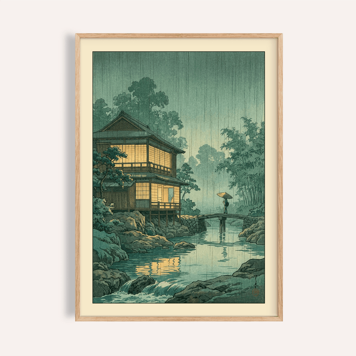 Rainy riverside Japanese Landscape Wall Art poster with house and bridge