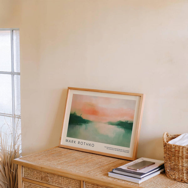 Abstract landscape poster evoking a peaceful sunrise over a lake​