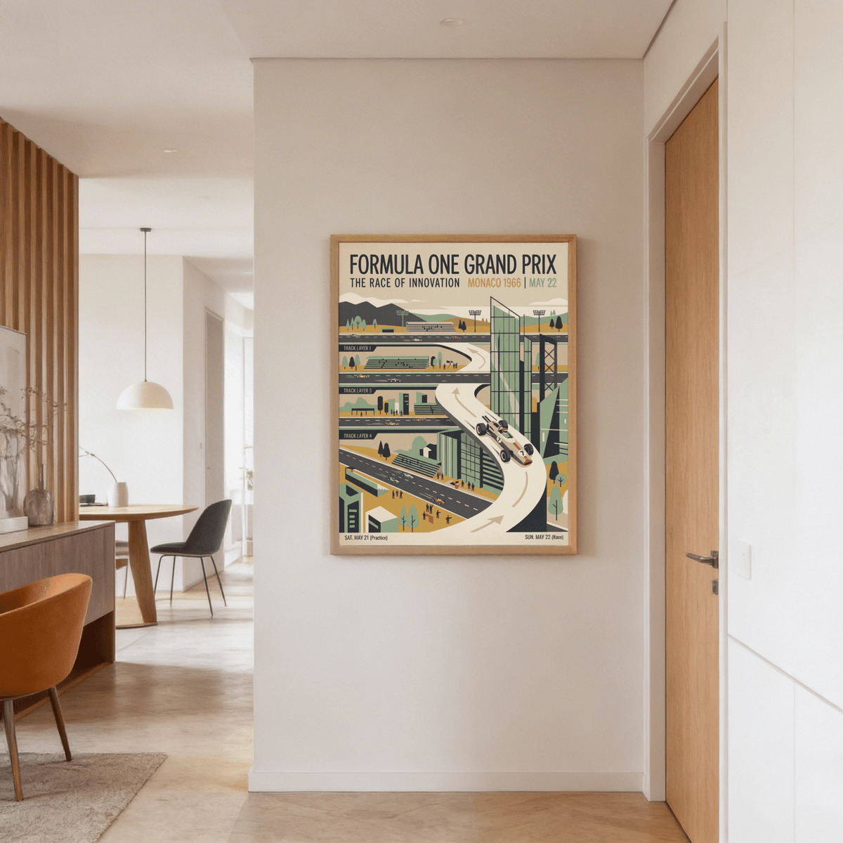 Scene detail of race track poster print with small cars, trees, and grandstands in a geometric style
