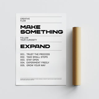 Wall art poster with messages about experimentation and staying open.