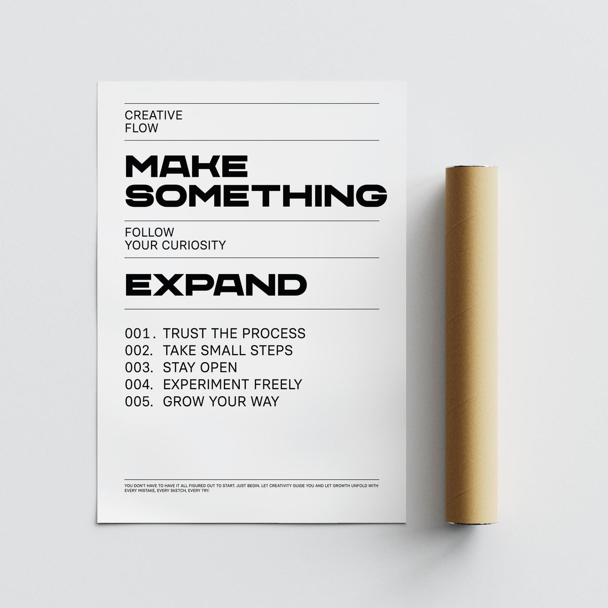 Wall art poster with messages about experimentation and staying open.