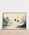 Traditional Ink Wall Art poster, Black cranes on White background, home office