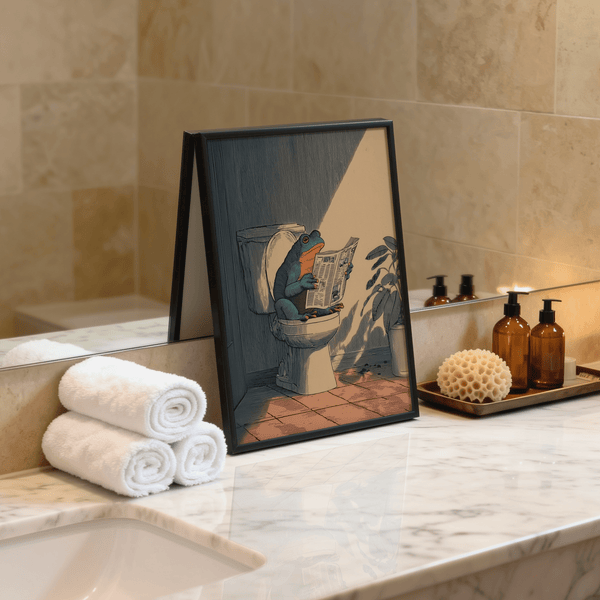 Line art illustration of frog on toilet with angled shadow and plant