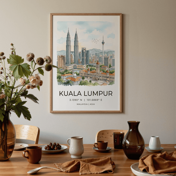 Panoramic Kuala Lumpur Art Print wall decor with coordinates and Malaysia text