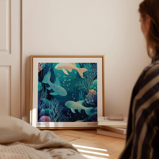 Vibrant wall art fish print in teal and pastel palette