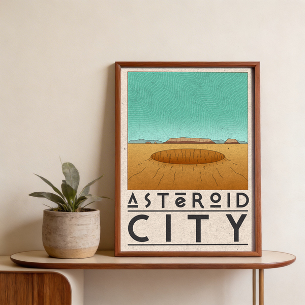 Close-up of Asteroid City Poster wall print highlighting geometric ASTEROID CITY text