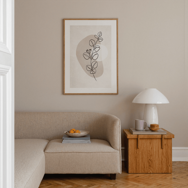Single stem line drawing poster with layered beige and gray ovals