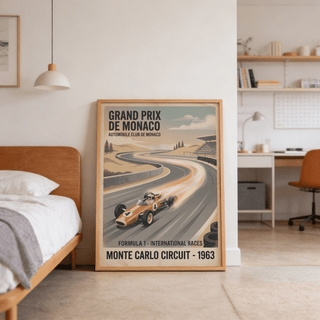 Classic motorsport poster print with car number 4 charging around curved Monte Carlo circuit