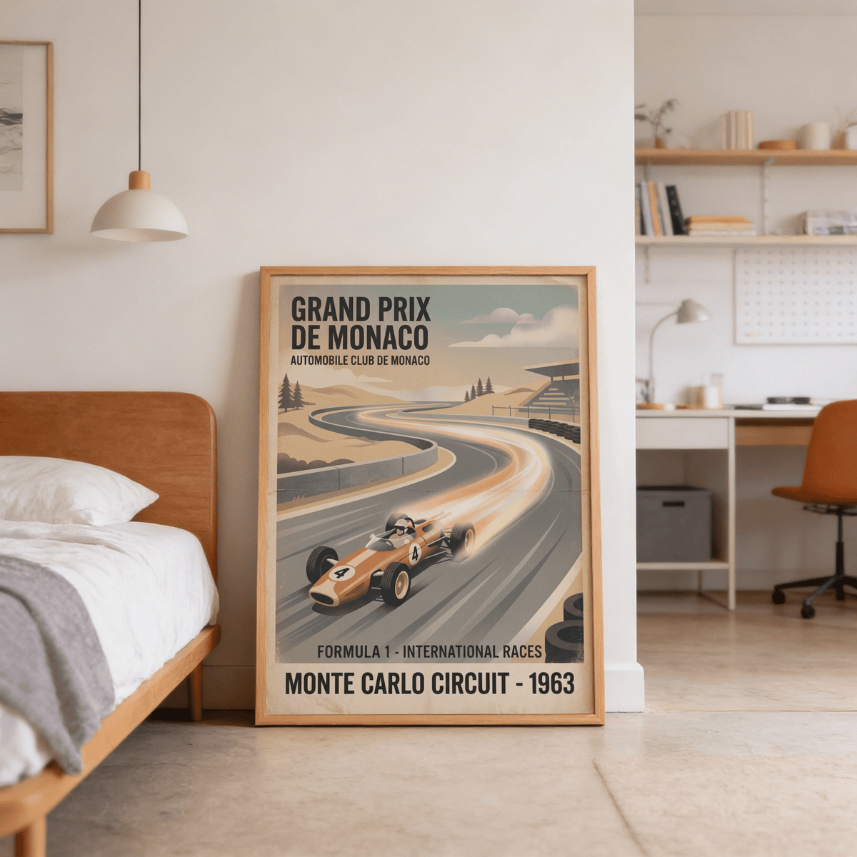 Classic motorsport poster print with car number 4 charging around curved Monte Carlo circuit