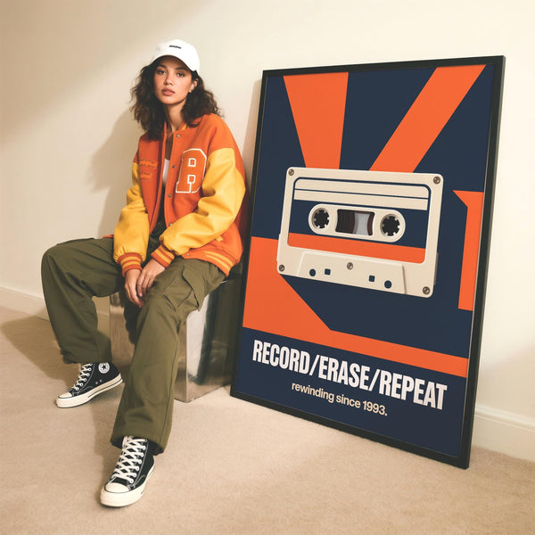 Bold 90s cassette tape wall art with navy and orange background.