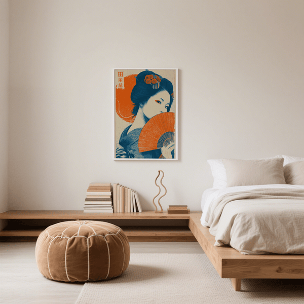 Retro Geisha Print Japanese poster in Orange Beige for bedroom decor