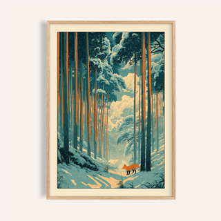 Bamboo forest wall art poster with snowy path and small fox