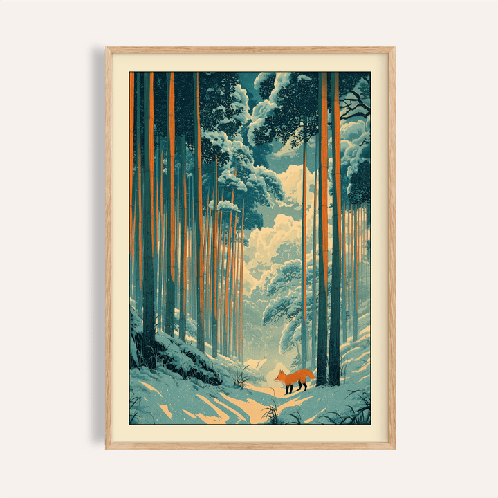 Bamboo forest wall art poster with snowy path and small fox
