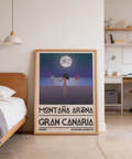 Moonlit beach illustration with bold Montana Arena Gran Canaria lettering