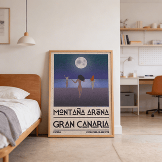 Moonlit beach illustration with bold Montana Arena Gran Canaria lettering