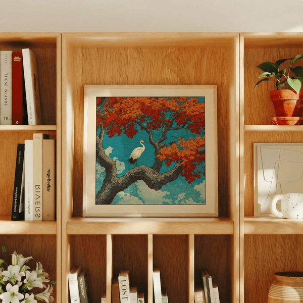 Hasui Kawase crane print wall art featuring crane profile amid layered foliage