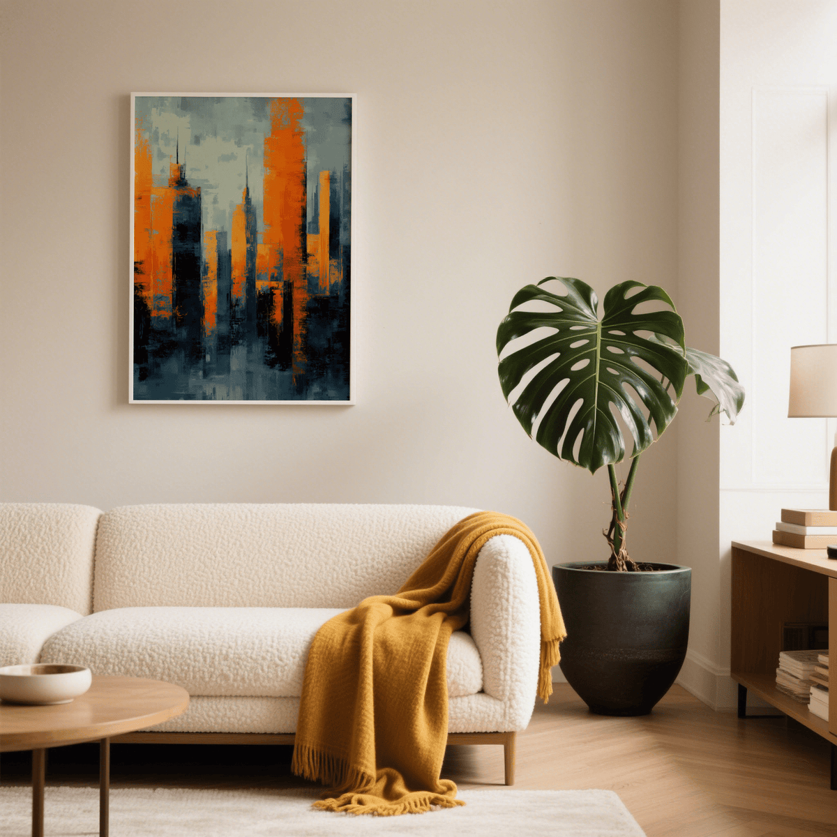 Contemporary Urban Art wall art showing orange, gray, and black colors for office