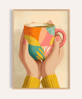 Colorful Coffee Mug Art print with orange and teal for kitchen wall art