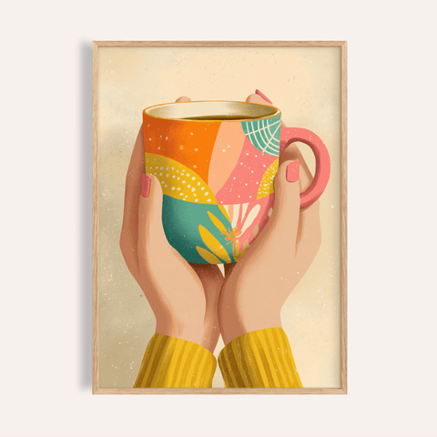 Colorful Coffee Mug Art print with orange and teal for kitchen wall art