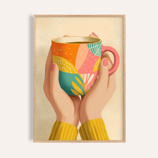 Colorful Coffee Mug Art print with orange and teal for kitchen wall art