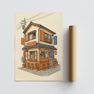 Japanese Restaurant Wall Art in Beige and Orange for dining area wall art