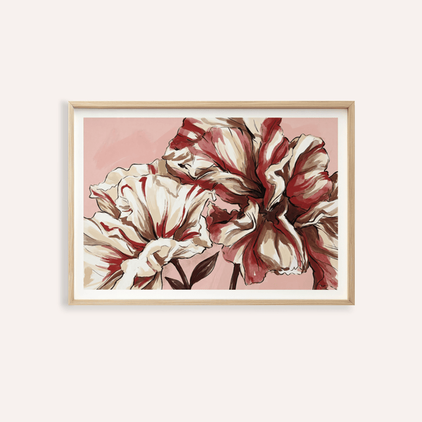 Oversized blossom wall art poster with ink-outlined petals