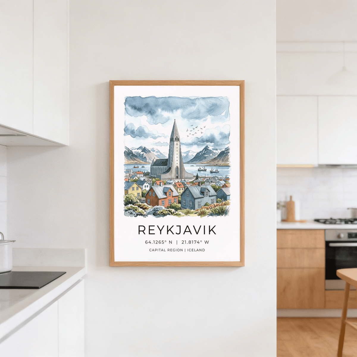 Fishing vessels floating before pastel houses and a towering spire against rugged mountains