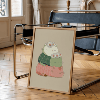 Playful Cute Cat Art Print with florals for bedroom decor, Beige background