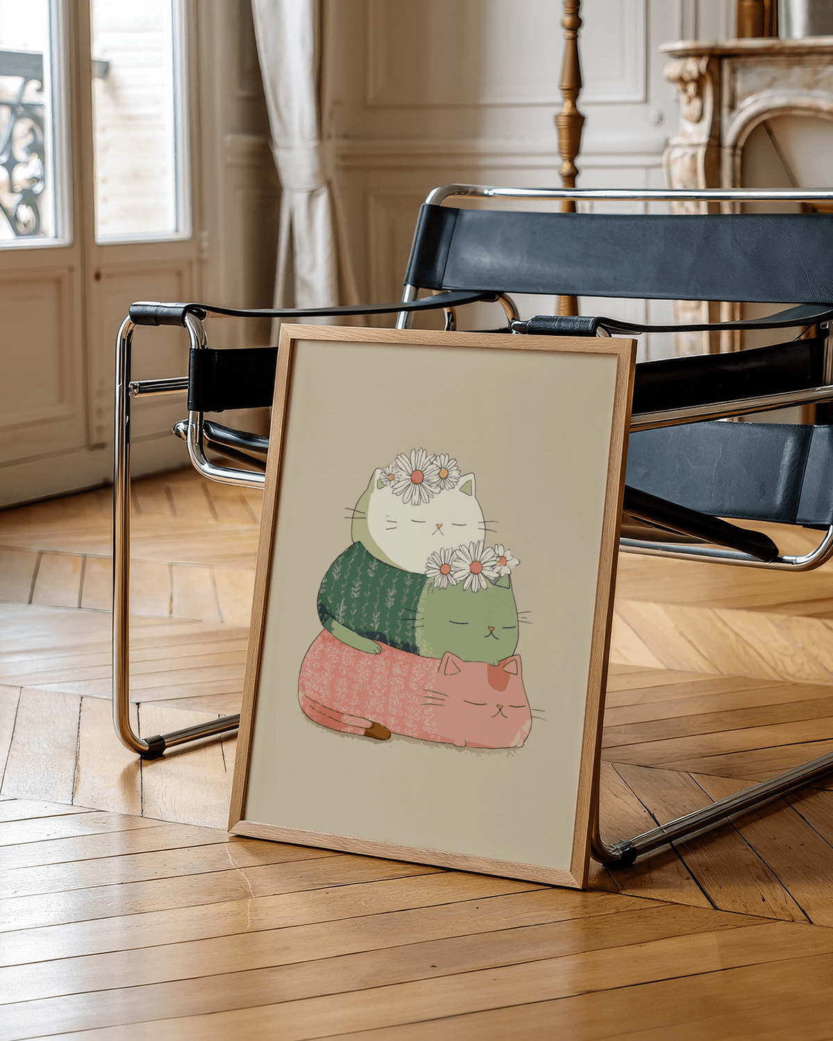 Playful Cute Cat Art Print with florals for bedroom decor, Beige background