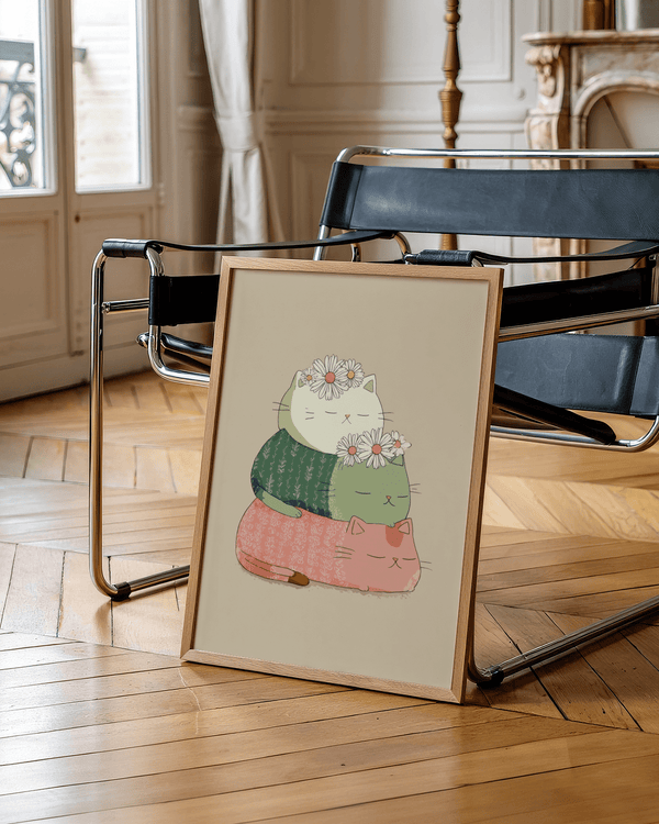 Playful Cute Cat Art Print with florals for bedroom decor, Beige background