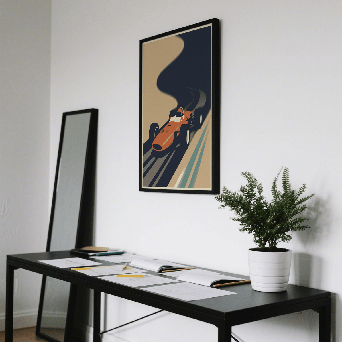 Retro track scene poster featuring a race car and layered lane stripes