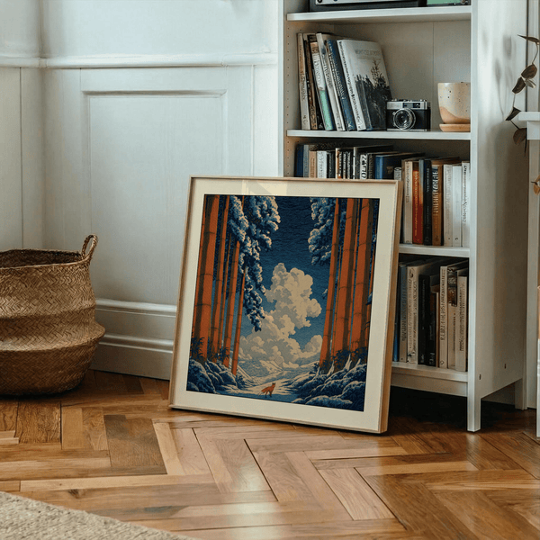 Close view of linework on Hasui Kawase snowy forest art print