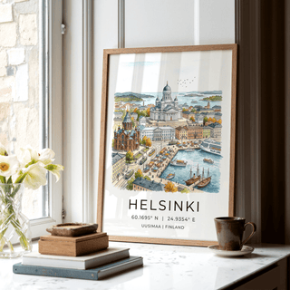 Detail showing market square stalls and waterfront promenade on a Helsinki Watercolor Art Print poster